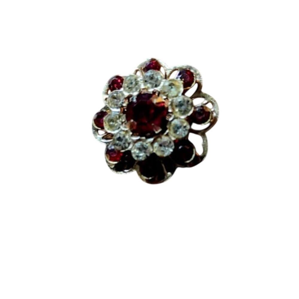Vintage Flower Brooch Pin Red and Clear Rhinestones Gold Tone Round